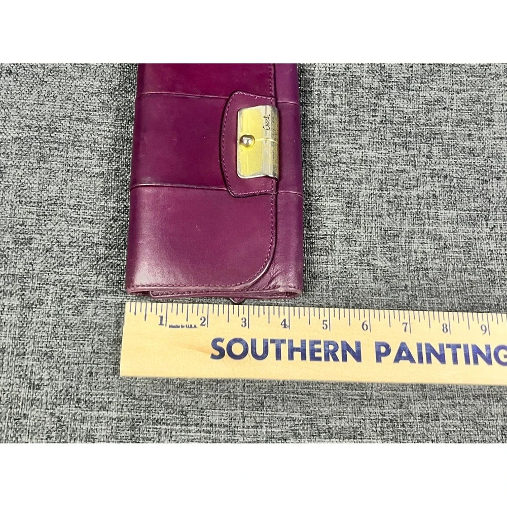 Coach Purple Leather Trifold Wallet Gold Push Lock Flap Long Organizer Wallet